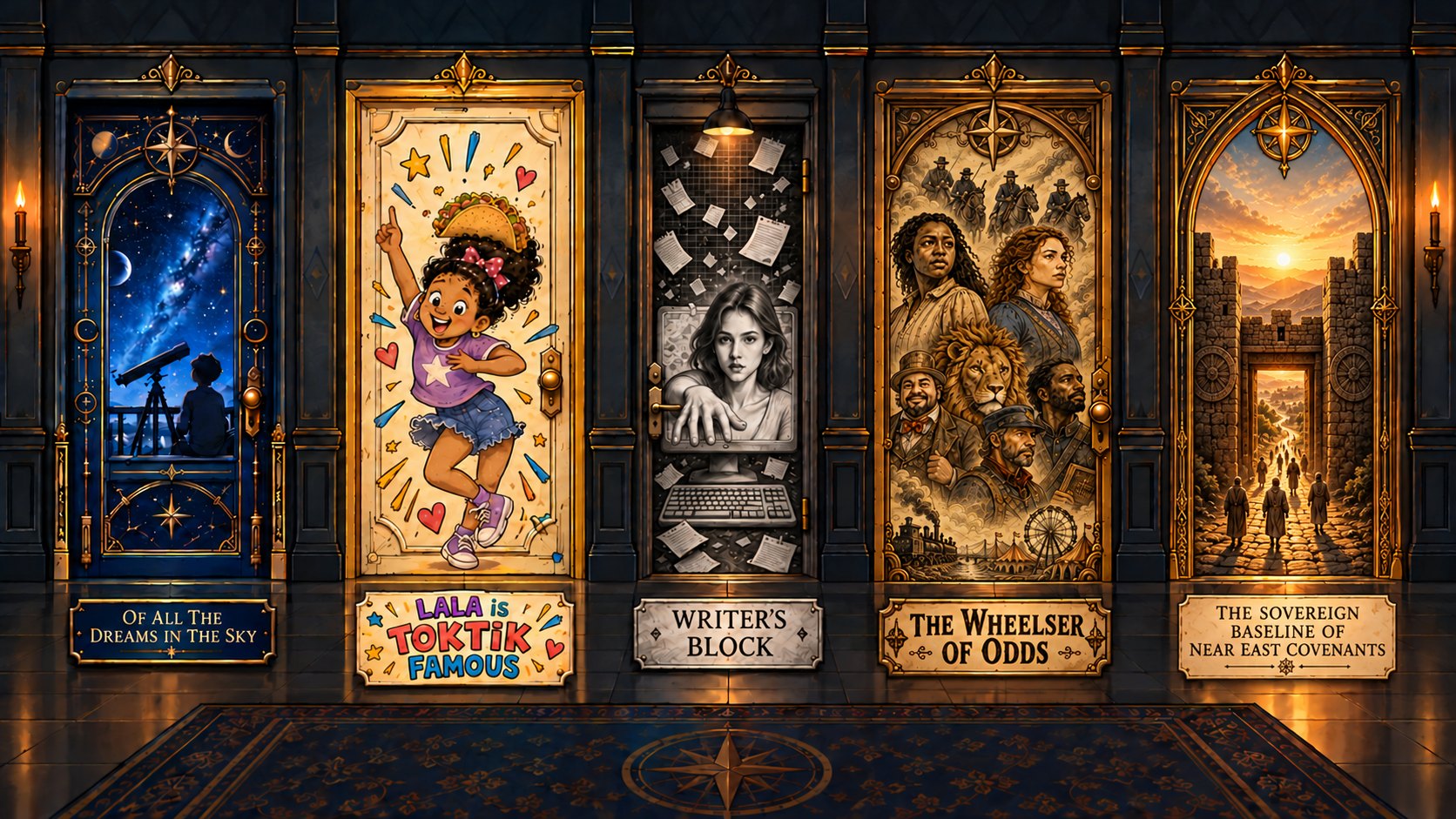 Five ornate doors in a dim hallway, each labeled with a book title: Of All the Dreams in the Sky, Lala is TokTik Famous, Writer's Block, The Wheelser of Odds, and The Sovereign Baseline of Near East Covenants.
